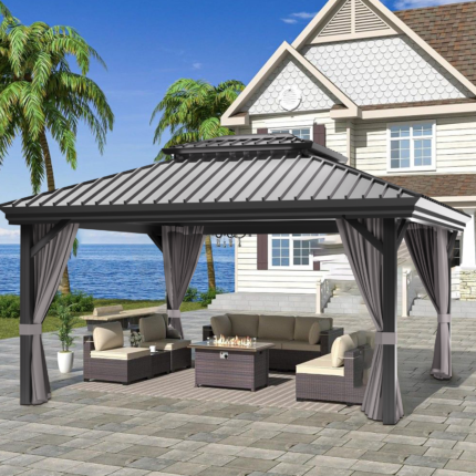 Patioslife Hardtop Pergola Gazebo Grey 10 ft x 12 ft Aluminum Frame Galvanized Steel Roof