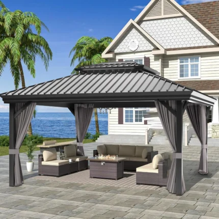 Patioslife Hardtop Pergola Gazebo Grey 10 ft×12 ft Aluminum Frame Galvanized Steel Roof